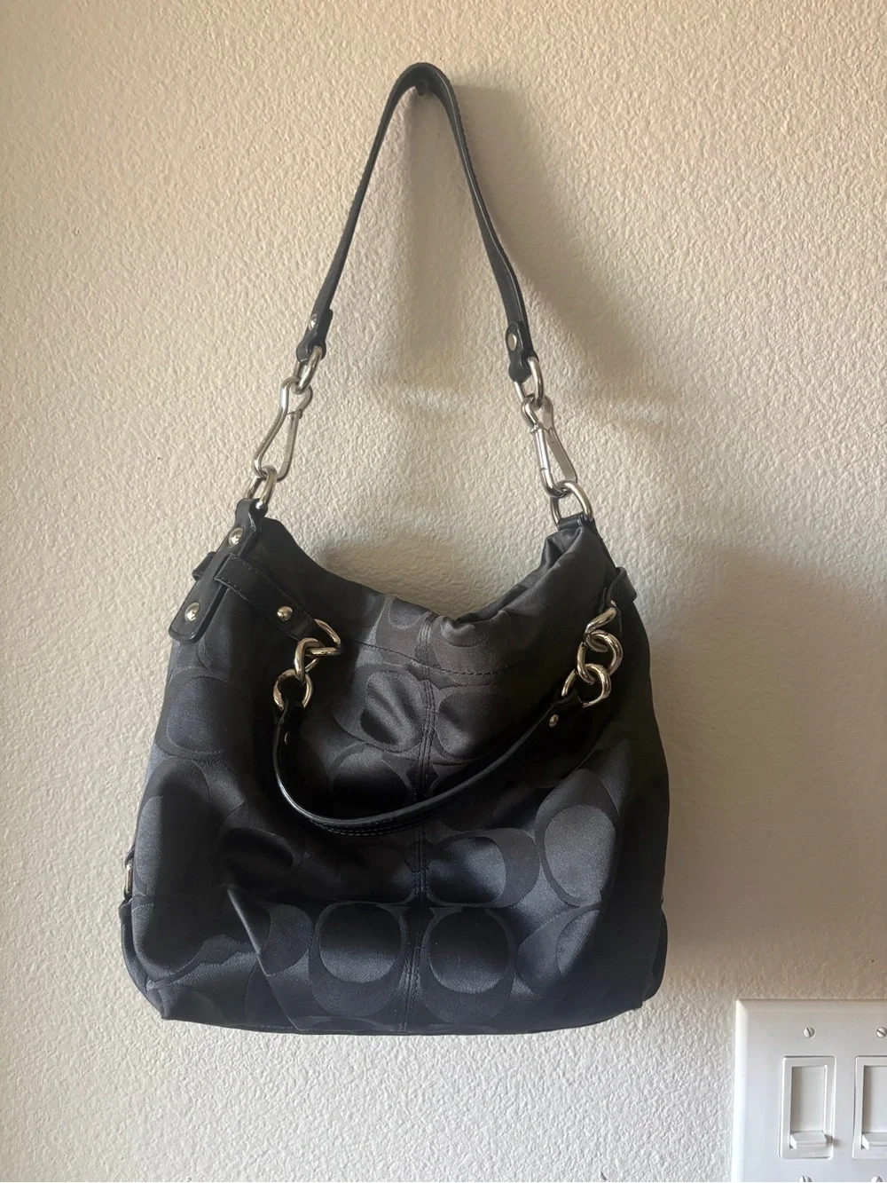 Vintage Coach Black Signature Jacquard Hobo with Silver Hardware